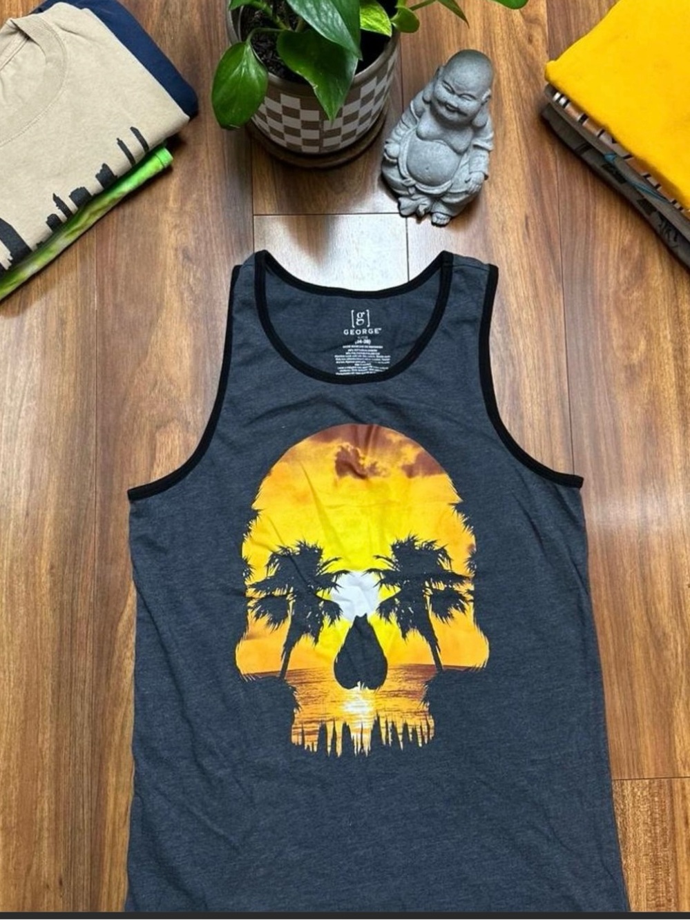George Charcoal Tank with Yellow-Orange Sunset Skull Graphic